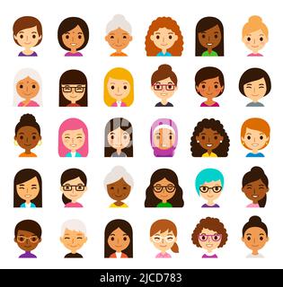 Set di 30 diversi avatar fumetti femminili. Donne di diversa etnia, età, colore della pelle e dei capelli. Stile vettoriale piatto semplice e carino, isolato su wh Illustrazione Vettoriale