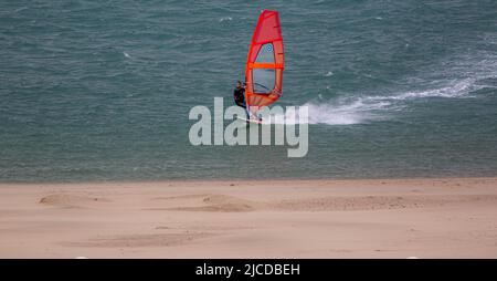 Vento Surfer a Aber Dyfi Galles Foto Stock