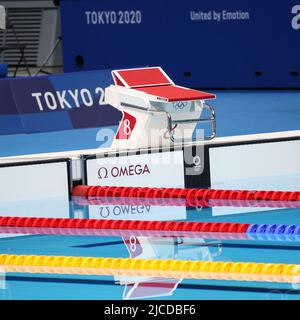 31st LUGLIO 2021 - TOKYO, GIAPPONE: Il Tokyo Aquatics Center in vista della finale delle farfalle degli uomini del nuoto del 100m ai Giochi Olimpici di Tokyo 2020 (Foto: Mickael Foto Stock