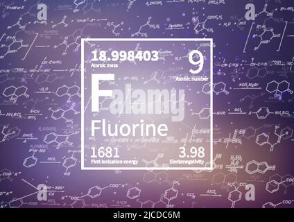 Elemento chimico del fluoro con prima energia di ionizzazione, massa atomica ed elettronegatività su sfondo scientifico Illustrazione Vettoriale