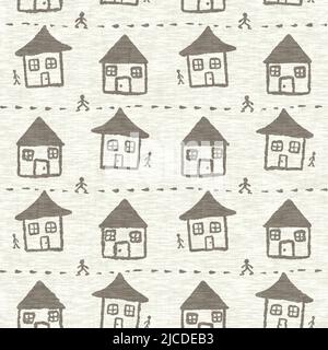 Mano disegnato Doodle casa lino effetto texture pattern. Stampa decorativa in tessuto grigio naturale senza cuciture per carta da parati in tela. Foto Stock