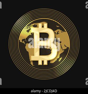 Golden Bitcoin isolato su Black Backround. Simbolo di valuta crittografia digitale. Illustrazione vettoriale. Illustrazione Vettoriale