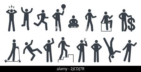 Posture Stickman. Pittogrames primitivi dell'uomo piccolo, segni monocromatici della gente, pose differenti, levandosi in piedi e camminando, yoga e idoneità, caduta e. Illustrazione Vettoriale