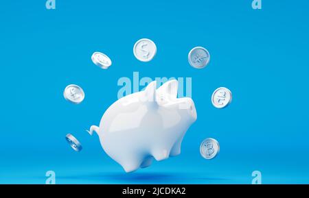 Banca bianca di Piggy con monete galleggianti di argento del dollaro su sfondo blu Foto Stock