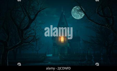 Spaventoso piccolo castello nella foresta horror e vecchio cimitero. 3D rappresentazione illustrazione. Foto Stock