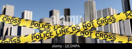 Nastro barriera di fronte allo skyline ('LINEA DI POLIZIA NON ATTRAVERSARE') Foto Stock