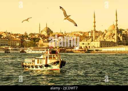 Istanbul in estate, Turchia. La barca naviga sul Corno d'Oro, vista soleggiata della città vecchia di Istanbul con moschee e gabbiani. Concetto di turismo a Istanbul c Foto Stock