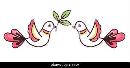 Disegno vettoriale di modello negli stili del ricamo tradizionale ucraino popolare. Disegno a mano fogliame e uccelli Illustrazione Vettoriale