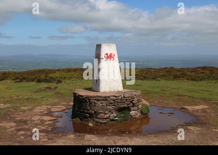 Hay Bluff trig point guardando a nord, Hay-on-Wye, Brecknockshire, Powys, Galles, Gran Bretagna, Regno Unito, Regno Unito, Europa Foto Stock