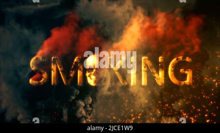 Fumo di testo con cranio che brucia su sfondo di fumo scuro - astratto 3D rendering Foto Stock