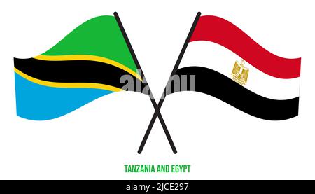 Tanzania ed Egitto Bandiere attraversate e ondeggianti stile piatto. Proporzione ufficiale. Colori corretti. Foto Stock