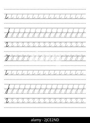 Foglio di lavoro di scrittura prescolare con linee tratteggiate di traccia per esercitarsi in abilità motorie fini. Pagina di esercitazione per calligraphy. Illustrazione vettoriale del contorno a. Illustrazione Vettoriale