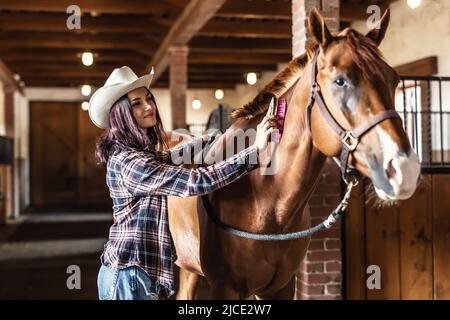 Bella cowgirl pettina il suo cavallo di vernice marrone, sorridendo, in piedi all'interno della stalla. Foto Stock