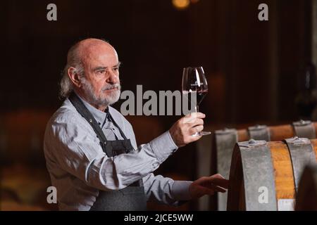 Vecchio produttore di vino Greybeard anziano che degusta vino rosso per verificarne la qualità e il sapore, accanto a un grosso barile di quercia Foto Stock