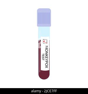 Provetta con un campione di sangue con un test positivo per il close-up del virus della scimmietta isolato su sfondo bianco. Illustrazione vettoriale. Illustrazione Vettoriale