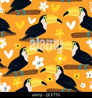 Modello senza cuciture con carino cartoon toucan uccello sul ramo. Illustrazione vettoriale per carta da parati, tessuto, tessuto. Stampa esotica estiva. Tropicale toucan Illustrazione Vettoriale