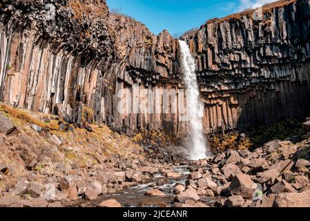 Cascate di Svartifoss cascata tra colonne di basalto nel parco nazionale Foto Stock