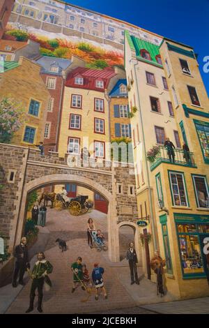La Fresque des Quebecois murale, Maison Soumande, rue Notre-Dame, Old Quebec City, Quebec, Canada. Foto Stock