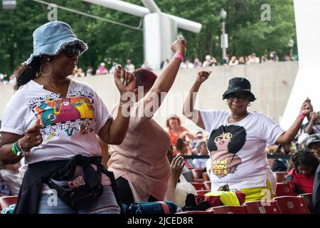 11 giugno 2022, Chicago, il, Stati Uniti d'America: Non potendo rimanere ai loro posti a sedere, i membri del pubblico si alzano e ballano con il groove della musica al Chicago Blues Festival. (Credit Image: © Karen I. Hirsch/ZUMA Press Wire) Foto Stock