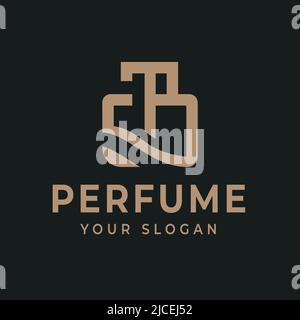 Design con logo con linea premium di bottiglie di profumo e linea ornamento, scritta T P, adatto per il settore cosmetico della moda Illustrazione Vettoriale