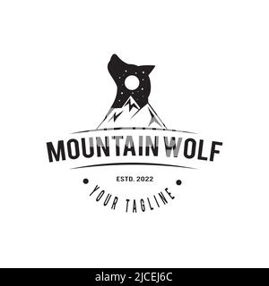 Natura selvaggia Wolf montagna silhouette logo design, lupo vettore illustrazione Illustrazione Vettoriale