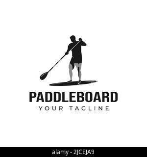 Vector design of Man su una silhouette nera zuppa paddle board, tempio Illustrazione Vettoriale