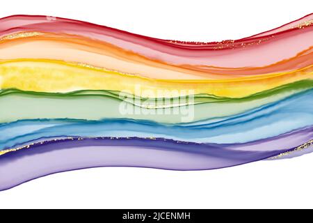 Rainbow line astratto sfondo arte pittura decorata con gocce d'oro flusso. Inchiostro alcolico, acquerello, concetto di orgoglio della comunità LGBTQ. Foto Stock