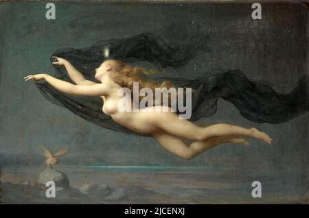 Ritratto di Nyx (la Notte) di Auguste Raynaud (1854-1937). Nella mitologia greca Nyx era una delle dee primordiali create dal Caos. Si accoppia con Erebus (oscurità) per dare alla luce Ether (luce) e Hemera (giorno). In seguito partorisce Moros (Doom, Destiny), Keres (distruzione, morte), Thanatos (morte), Hypnos (sonno), Oneiroi (sogni), Momus (colpa), Oizys (dolore, distress), Gli Hesperides, i Moirai (fate), Nemesis (indignazione, vendetta), Apate (inganno), Philotes (amicizia), Geras (età antica), ed Eris (lotta) Foto Stock