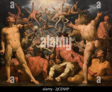 La caduta dei Titani è un dipinto ad olio del Titanomachy del pittore olandese Cornelis van Haarlem (1596–1598). Nella mitologia greca i titani furono il primo pantheon degli dei prima che furono rovesciati dagli Olimpi, guidati dal figlio di Cronos Zeus. Foto Stock