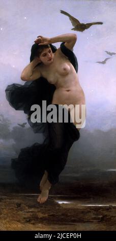 Ritratto di Nyx (la Notte) di William-Adolphe Bouguereau (1825-1905). Nella mitologia greca Nyx era una delle dee primordiali create dal Caos. Si accoppia con Erebus (oscurità) per dare alla luce Ether (luce) e Hemera (giorno). In seguito partorisce Moros (Doom, Destiny), Keres (distruzione, morte), Thanatos (morte), Hypnos (sonno), Oneiroi (sogni), Momus (colpa), Oizys (dolore, distress), Gli Hesperides, i Moirai (fate), Nemesis (indignazione, vendetta), Apate (inganno), Philotes (amicizia), Geras (età antica), ed Eris (lotta) Foto Stock