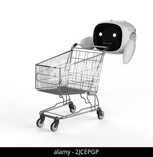 Shopping online con 3D rendering carino assistente intelligenza artificiale robot senza gamba con carrello Foto Stock