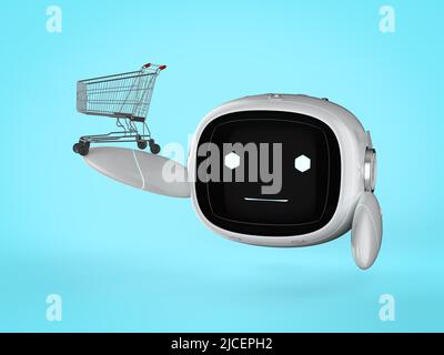 Shopping online con 3D rendering carino assistente intelligenza artificiale robot senza gamba con carrello Foto Stock