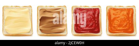 Fette quadrate di pane per sandwich o toast con burro di arachidi o margarina, marmellata o marmellata 3D isolato vettore set illustrazione realistica, vista dall'alto, cibo tradizionale per la colazione su sfondo bianco. Illustrazione Vettoriale