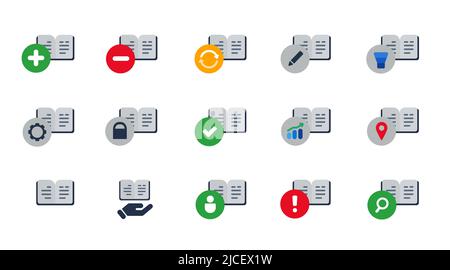 Libro pubblica lettura libreria studio istruzione icona set collezione isolato grafico Illustrazione Vettoriale