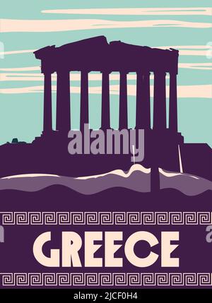 Grecia Poster Travel, colonne rovine tempio antico, antica cultura mediterranea europea e architettura Illustrazione Vettoriale