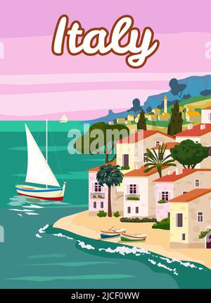 Poster di viaggio in Italia, paesaggio romantico mediterraneo, montagne, città di mare, barca a vela, mare. Poster retrò Illustrazione Vettoriale