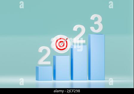 crescita economica e finanziaria nel 2023. Grafico di crescita per il 2023. Analisi dei dati. Concetto di dati finanziari. Analisi dei dati 2023. Grafico a barre con 2023 e u in crescita Foto Stock