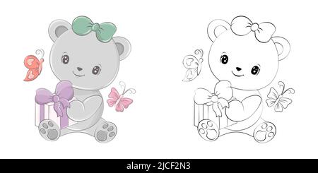 Carino Bear Clipart Illustrazione e bianco e nero. Divertente clip Art Bear con confezione regalo. Illustrazione vettoriale di un animale per colorare pagine, adesivi Illustrazione Vettoriale