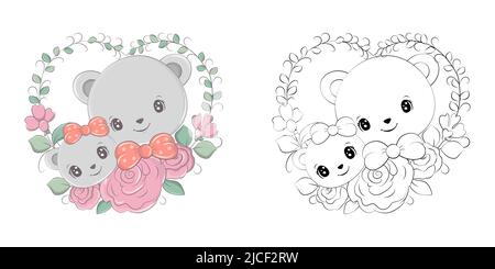 Cute Clipart Bear Illustrazione e per colorare pagina. Cartoon clip Art Famiglia di orsi su uno sfondo floreale. Illustrazione vettoriale di un animale per Illustrazione Vettoriale