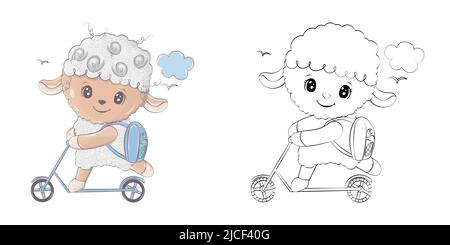 Pecora Clipart per colorazione pagina e multicolore Illustrazione. Adorabile clip Art Agnello su uno scooter. Illustrazione vettoriale di un animale per la colorazione Illustrazione Vettoriale