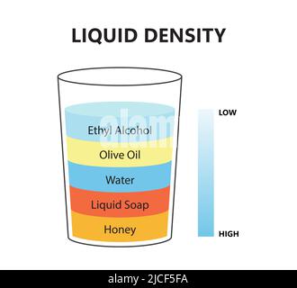 Concetto di esperimento scientifico di densità PrinLiquid. Separare gli strati fluidi. Esperimento di laboratorio con densità di olio, acqua, miele, sapone e alcol Illustrazione Vettoriale