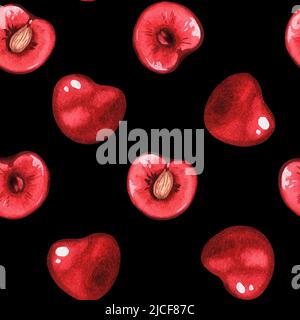 Motivo senza cuciture Cherry. Illustrazione dell'acquerello. Isolato su sfondo nero. Per i vostri tessuti di disegno, carta di imballaggio, libri di cucina, grembiuli Foto Stock