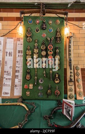 Horse Brasses in mostra presso l'Open Farm Domenica 10th Giugno 2022 presso la Cappleside Farm, Rathmell, Yorkshire (mostra l'agricoltura britannica). Foto Stock