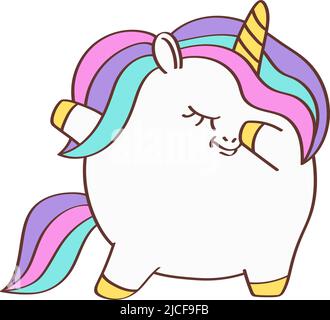 Clipart unicorno plump in stile cartoon. Cute clip Art Unicorn Fat. Illustrazione vettoriale di un animale per gli adesivi, invito dell'acquazzone del bambino, stampe per Illustrazione Vettoriale