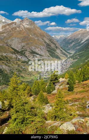 Vista su Zermatt, Alpi svizzere, Vallese, Svizzera Foto Stock