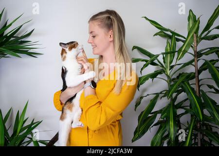 la giovane donna che porta il gatto sulle braccia, si guarda l'una all'altra Foto Stock