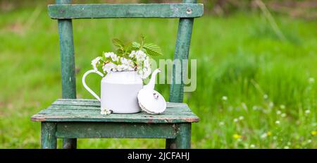 Decorazione con una vecchia sedia e una caffettiera in un giardino naturale Foto Stock