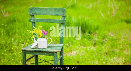 Decorazione con una vecchia sedia e una caffettiera in un giardino naturale Foto Stock