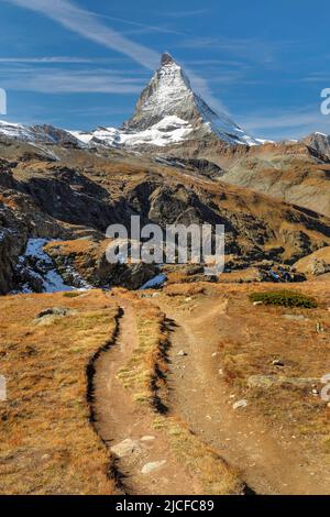 Sentiero escursionistico a Gornergrat sul Cervino (4478m), Alpi svizzere, Vallese, Svizzera Foto Stock