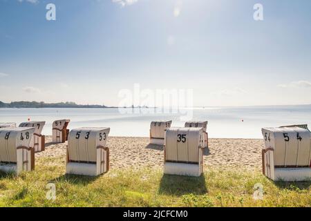 Germania, Schleswig-Holstein, Eckernförde, spiaggia della città, sedie da spiaggia Foto Stock